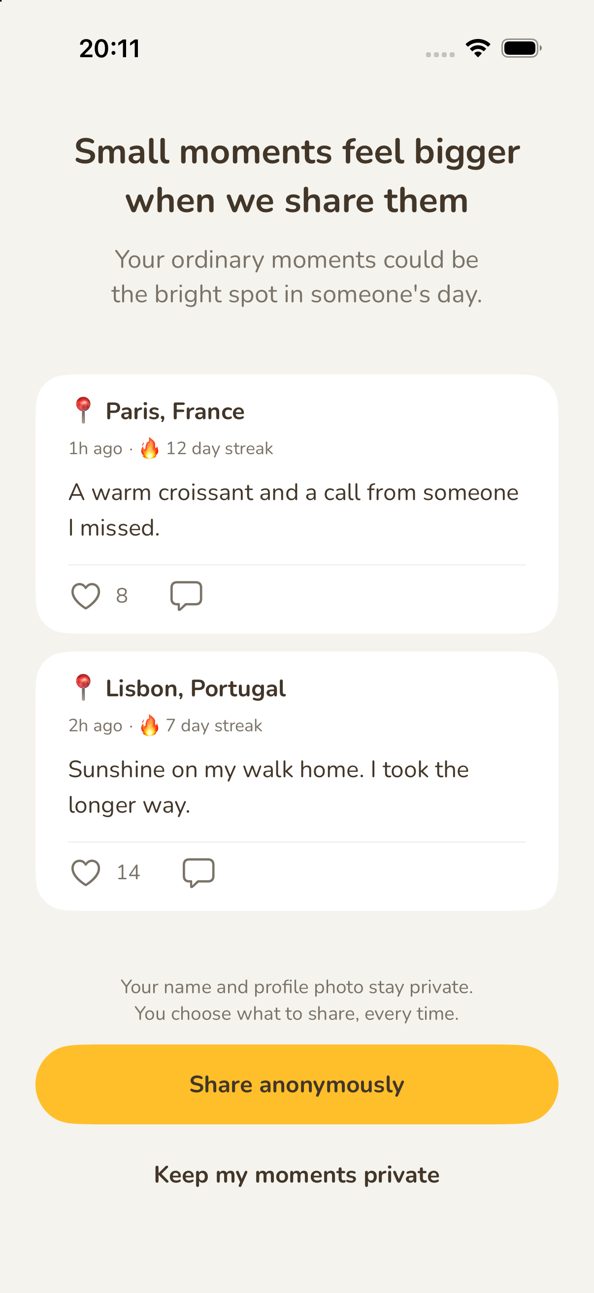 Little Gratitude sharing screen, with moments from Paris and Lisbon and a choice to share anonymously or keep moments private